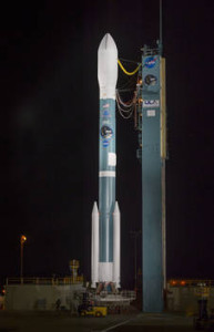 NASA's Soil Moisture Active Passive (SMAP) observatory, on a United Launch Alliance Delta II rocket, is seen after the mobile service tower was rolled back Friday, Jan. 30 at Space Launch Complex 2, Vandenberg Air Force Base, Calif.