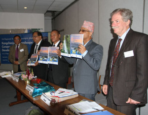 Mr Sharad Chandra Paudel, Secretary, MFSC-GoN;  Dasho Tenzin Dhendup, Secretary at the Ministry of Agriculture and Forests, Royal Government of Bhutan; and Dr JR Bhatt, Advisor at the Ministry of Environment, Forests, and Climate Change, Government of India jointly launch the book Kangchenjunga Landscape Nepal from Conservation and Development Perspectives   Photo credit: Animesh Bose