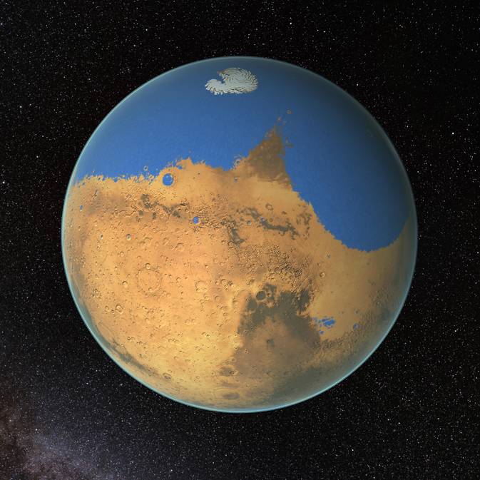 NASA Research Suggests Mars Once Had More Water than Earth’s Arctic Ocean 2 NASA scientists have determined that a primitive ocean on Mars held more water than Earth's Arctic Ocean and that the Red Planet has lost 87 percent of that water to space. Image Credit: NASA/GSFC
