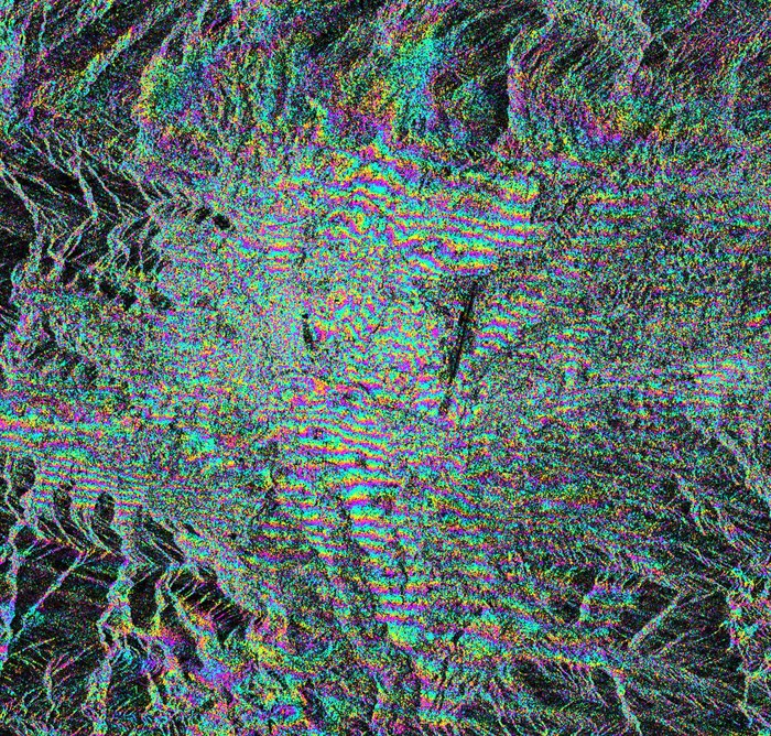 Nepal Earthquake on Rador 4 Kathmandu fringes:- Sentinel-1A interferogram over Kathmandu, Nepal, showing deformation induced by the 25 April 2015 earthquake. East–west ‘fringes’ cross the city, with each coloured fringe corresponding to 2.8 cm of ground displacement (both uplift and subsidence). The interferogram combines two Sentinel-1A images from 17 and 29 April 2015.
