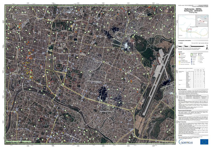 Nepal Earthquake on Rador 5 Kathmandu grading map:- Under the Copernicus Emergency Management Service, ESA has been coordinating the collection of optical satellite imagery following the earthquake that struck Nepal on 25 April 2015. The satellite imagery is then used to create maps to support relief efforts, such as this ‘grading map’ of Kathmandu showing topographic features and crisis information. The map is based on imagery from the WorldView-3 satellite acquired on 28 April. Copyright DigitalGlobe/European Commission