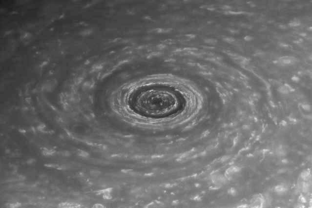 Small thunderstorms may add up to massive cyclones on Saturn 2 Saturn's north polar vortex. Image courtesy of Caltech/Space Science Institute
