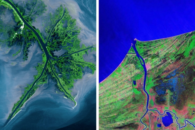 Predicting the shape of river deltas 2 A variety of deltas: the Mississippi birdfoot delta (left) and Mexico's Grijalva cuspate delta (right). Image: NASA Landsat