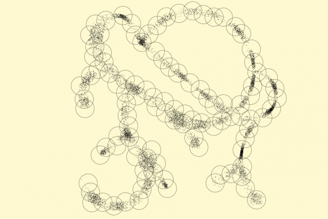 Searching big data faster 2 Illustration of points in an arbitrary high-dimensional space that live close to a one-dimensional, tree-like structure, as might arise from genomes generated by mutation and selection in evolution. Although high-dimensional at a fine scale, at the coarser scale of covering spheres, the data cloud looks nearly one-dimensional, which enables entropy scaling of similarity search. Courtesy of the researchers