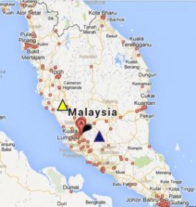 Location of the UM-UPSI radio telescope in Tanjung Malim Perak (yellow triangle) and the future big radio telescope in Jelebu Negeri Sembilan (blue triangle)