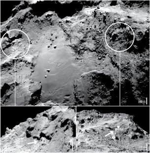 Exposed ice on Rosetta's comet confirmed as water 3 Ice in Imhotep