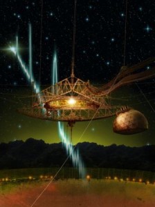 Image 1: The 305-m Arecibo telescope and its suspended support platform of radio receivers is shown amid a starry night.  From space, a sequence of millisecond-duration radio flashes are racing towards the dish, where they will be reflected and detected by the radio receivers.  Such radio signals are called fast radio bursts, and Arecibo is the first telescope to see repeat bursts from the same source.   Figure Credit: Danielle Futselaar