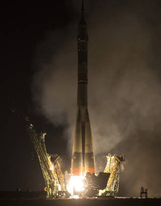 Launch, Docking Returns International Space Station Crew to Full Strength 4 The Soyuz TMA-20M rocket launches from the Baikonur Cosmodrome in Kazakhstan on Saturday, March 19, 2016 carrying Expedition 47 Soyuz Commander Alexey Ovchinin of the Russian space agency Roscosmos, Flight Engineer Jeff Williams of NASA, and Flight Engineer Oleg Skripochka of Roscosmos into orbit to begin their five and a half month mission on the International Space Station. Credits: NASA/Aubrey Gemignani