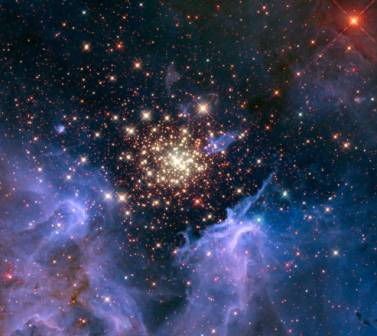 Microscopic "Timers" Reveal Likely Source of Galactic Space Radiation 3 A cluster of massive stars seen with the Hubble Space Telescope. The cluster is surrounded by clouds of interstellar gas and dust called a nebula. The nebula, located 20,000 light-years away in the constellation Carina, contains the central cluster of huge, hot stars, called NGC 3603. Recent research shows that galactic cosmic rays flowing into our solar system originate in clusters like these. Credits: NASA/U. Virginia/INAF, Bologna, Italy/USRA/Ames/STScI/AURA