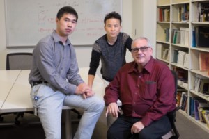 From left, Rice University graduate student Mingchen Chen, postdoctoral researcher Weihua Zheng and theoretical biological physicist Peter Wolynes co-authored a paper explaining a complex feedback loop between actin filaments and aggregating proteins in neurons that appears to be key to the formation of long-term memories. (Credit: Jeff Fitlow/Rice University)