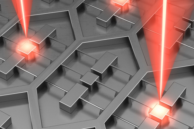 New approach to microlasers 2 Researchers at MIT and Sandia National Laboratories have designed a device that is an array of 37 microfabricated lasers on a single chip. Its power requirements are relatively low because the radiation emitted by all of the lasers is “phase locked,” meaning that the troughs and crests of its waves are perfectly aligned. Courtesy of the researchers