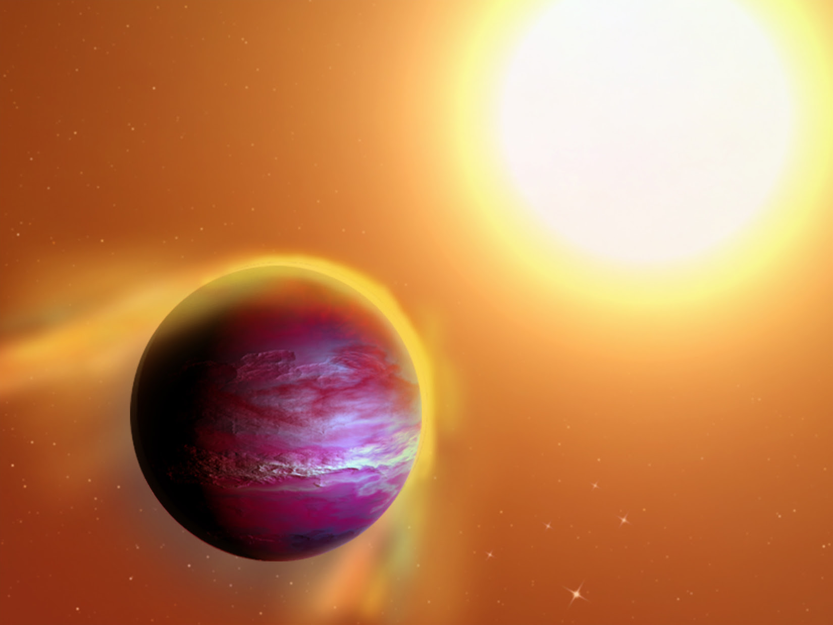 Likely new planet may be in slow death spiral 2 CAPTION: An artist's impression of likely new giant planet PTFO8-8695 b, which is believed to orbit a star in the constellation Orion every 11 hours. Gravity from the newborn star appears to be pulling away the outer layers of the Jupiter-like planet. (Image by A. Passwaters/Rice University based on original available under CC license)