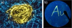 Changing colours of light 3 Changes in colors emitted through mechanochromism a) When the blue crystal in emission was ground at the centre, the colour turned yellow. b) A round filter paper thinly coated with blue mechanochromic molecules in emission. The yellowish letters “Au” appeared after scratching the surface with a spatula.
