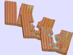 : Rice University researchers analyzed more than 600 computer models of concrete's inner matrix to determine how voids (center) and portlandite particles (right) impart strength and toughness by preventing the spread of cracks (left). (Image by Ning Zhang/Rice University)