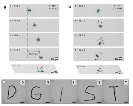 DGIST Research Team Develops World’s First Ciliary Stroke Motion Microrobots 3 a)Screen capture of linear motion of ciliary microrobots according to reciprocating magnetic drive under magnetic field control b) Screen capture of rotary motion of ciliary microrobots according to reciprocating magnetic axis rotation under magnetic field control c) The movement of ciliary microrobots tracing the letters D. G. I. S. T. Copyright : DGIST