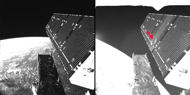 Copernicus Sentinel-1A satellite hit by space particle 2 Before and after: fragment impact in space