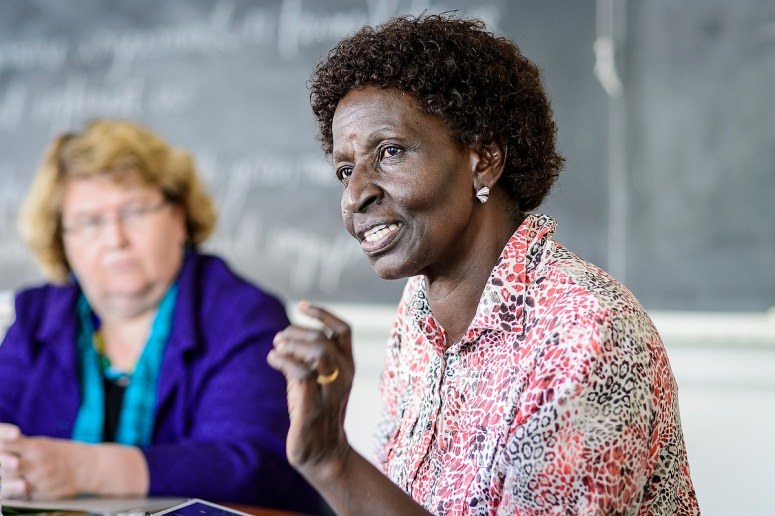 Ruth Ojiambo Ochieng, executive director of the Isis-Women’s International Cross-Cultural Exchange in Kampala, Uganda, speaks during an interview session on Sept. 14 in Sterling Hall. PHOTO: BRYCE RICHTER 