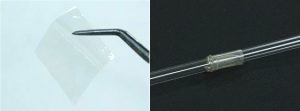 The ultra-thin polyimide film (left) was formed by coating and debonding processes, and the roll-up resistance (right) was tested for developing super-flexible LC devices.