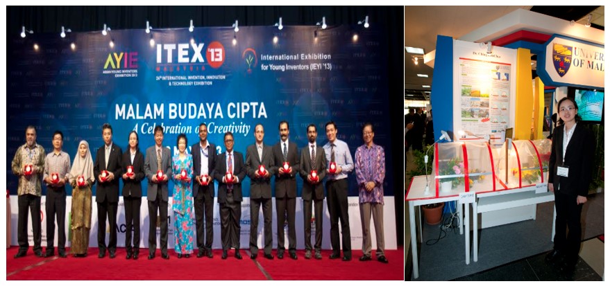 Left: Ir. Dr. Ching Yern Chee (5th from left) received Gold medal award during the 24th International Invention, Innovation & Technology Exhibition (ITEX 2013) in 2013. Right: Ir. Dr. Ching and her invention – the AgIR coating lacquer. Credit : Ir. Dr. Ching Yern Chee