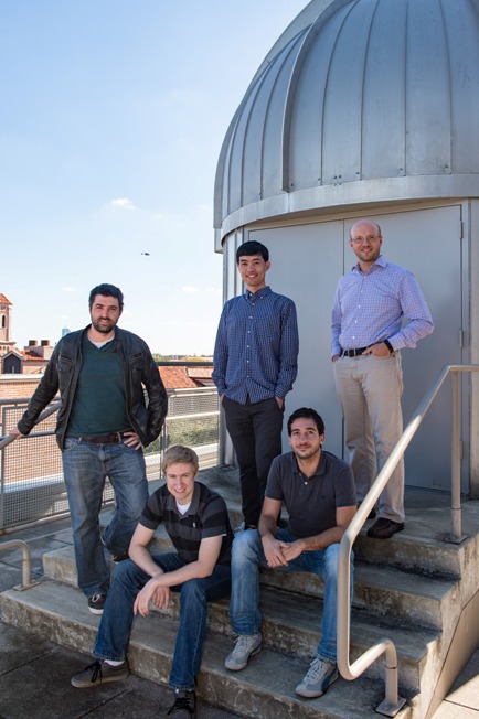 Rice University researchers led the first mapping of gases in rings around a distant star with the powerful ALMA radio telescope. Clockwise from upper left: Yann Boehler, Shanfei Liu, Andrea Isella, Luca Ricci and Erik Weaver. (Credit: Jeff Fitlow/Rice University)