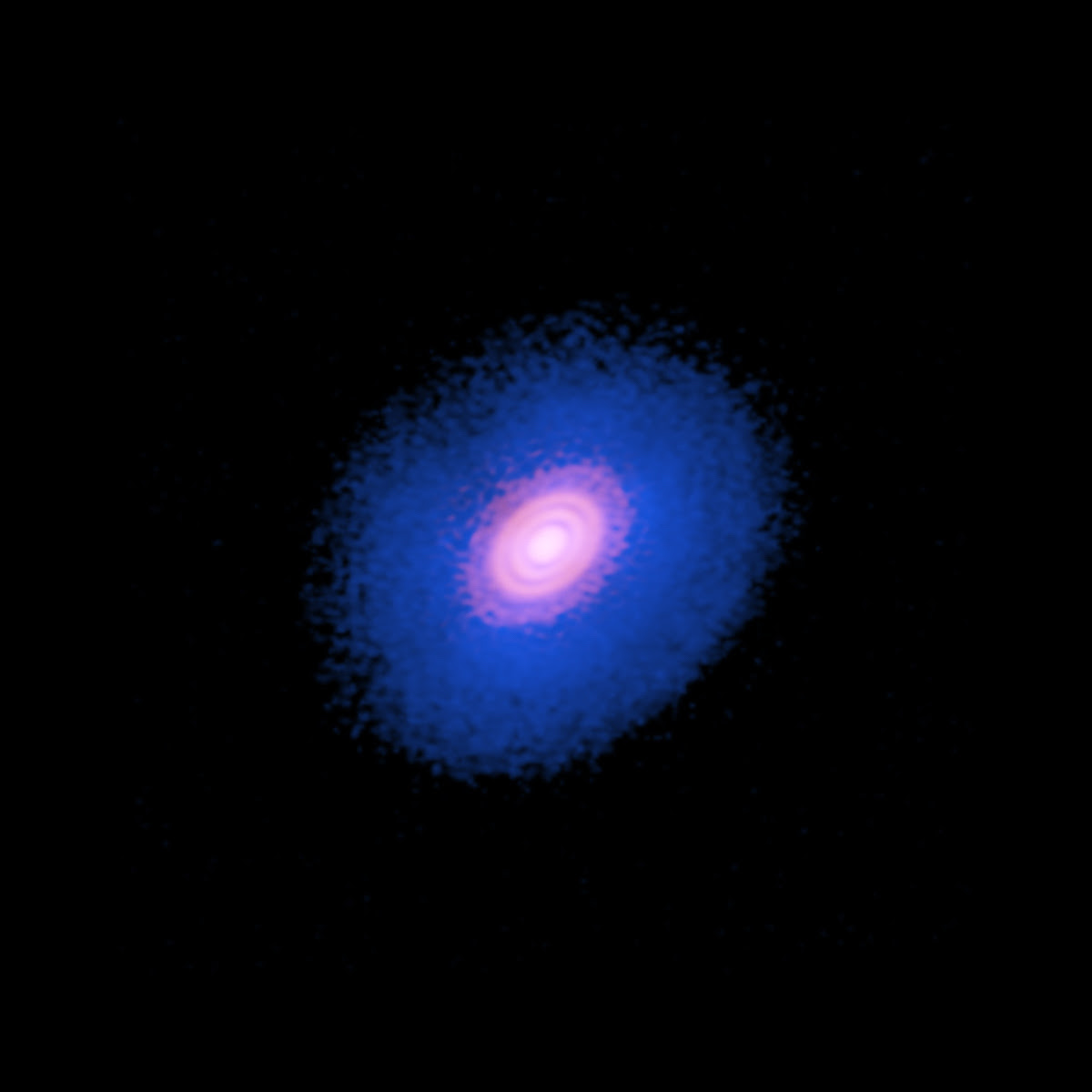 An ALMA image of the star HD 163296 and its protoplanetary disk as seen in dust. New observations suggested that two planets, each about the size of Saturn, are in orbit around the star. These planets, which are not yet fully formed, revealed themselves in the dual imprint they left in both the dust and the gas portions of the star’s protoplanetary disk. (Credit: ALMA [ESO/NAOJ/NRAO]/Andrea Isella/B. Saxton [NRAO/AUI/NSF])