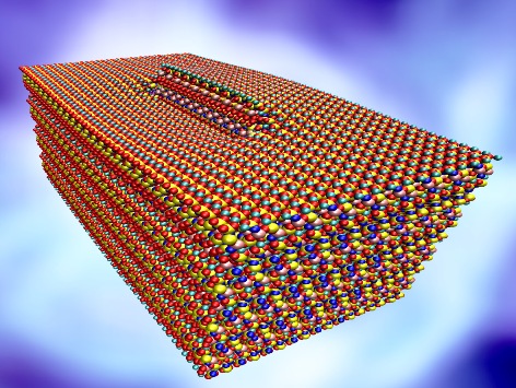 A screw dislocation disrupts the regular rows of atoms in tobermorite