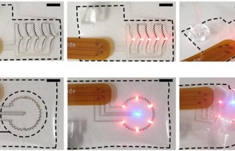 Electrical functionality demonstrated on a flexible and soft 3D device by connecting LEDs 1