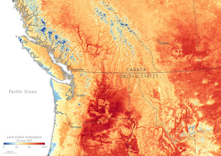 Copernicus Sentinel-3 image shows heatwaves in western Canada and US